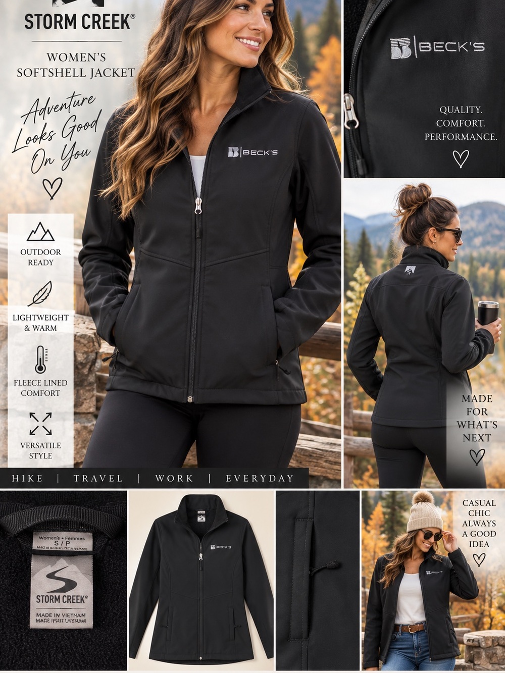 Storm Creek Women’s Softshell Jacket Size S Black Beck’s Logo Fleece Lined